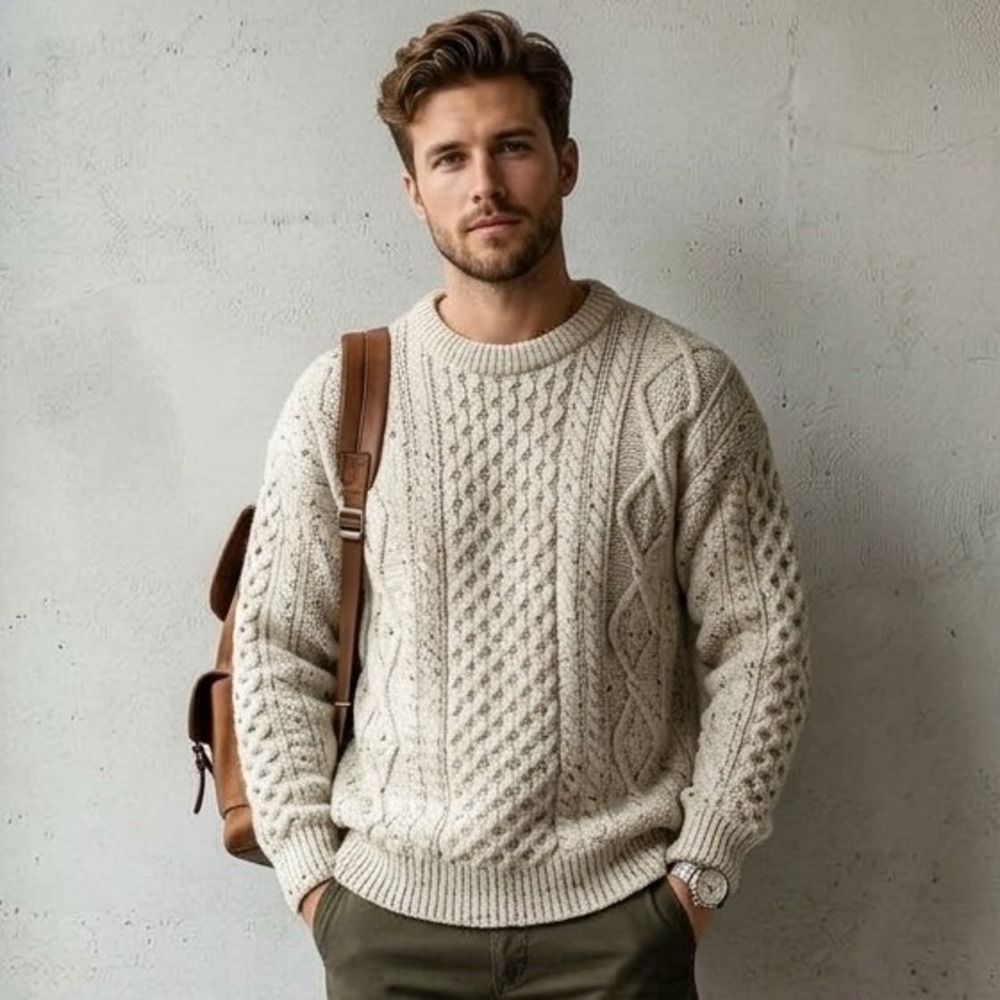 Aran Sweater Market Cable Knit Sweater Mens XL Cream Wool Made in Ireland Warm